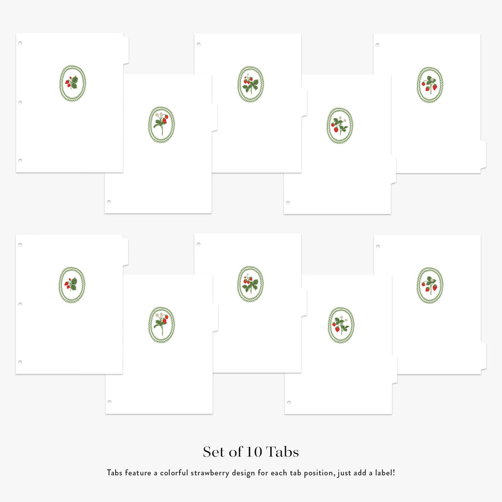 Set of 10 recipe tabs with strawberry design on a white background