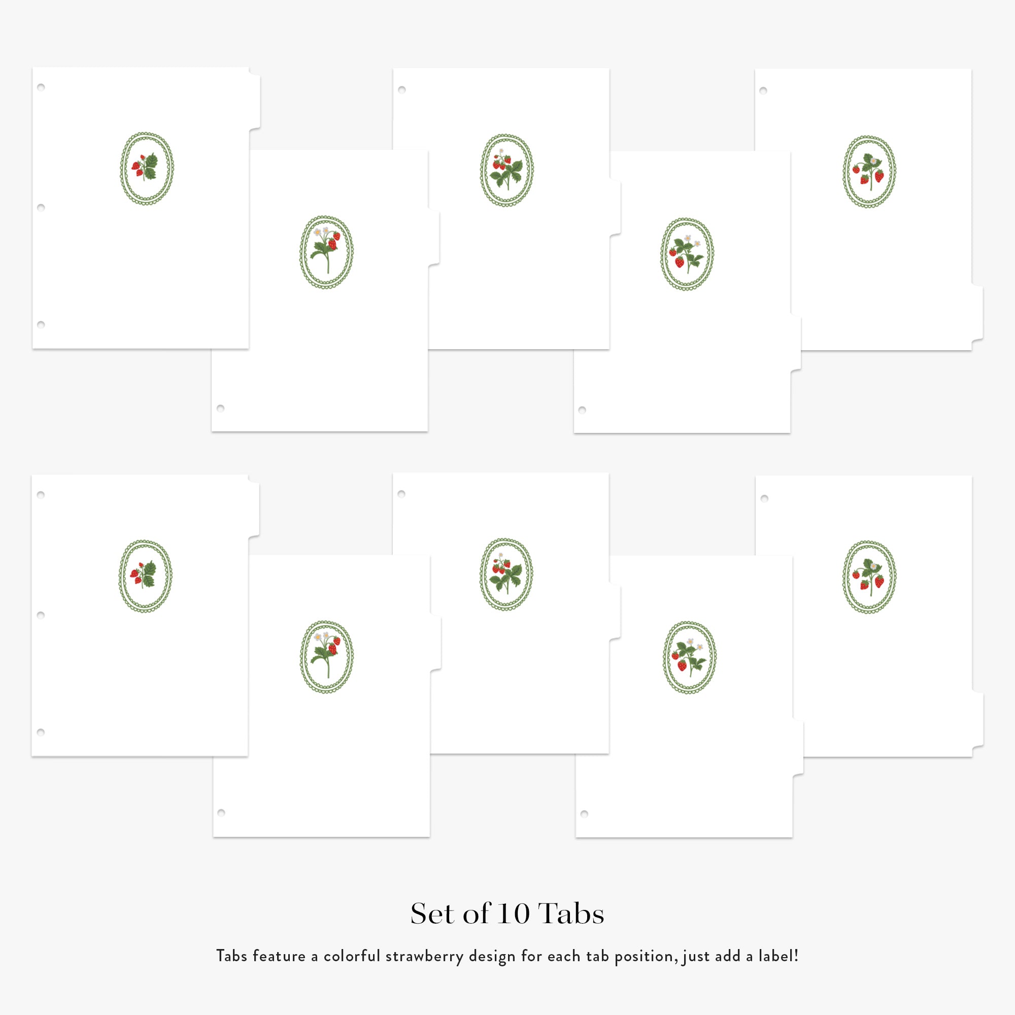 Set of 10 recipe tabs with strawberry design on a white background