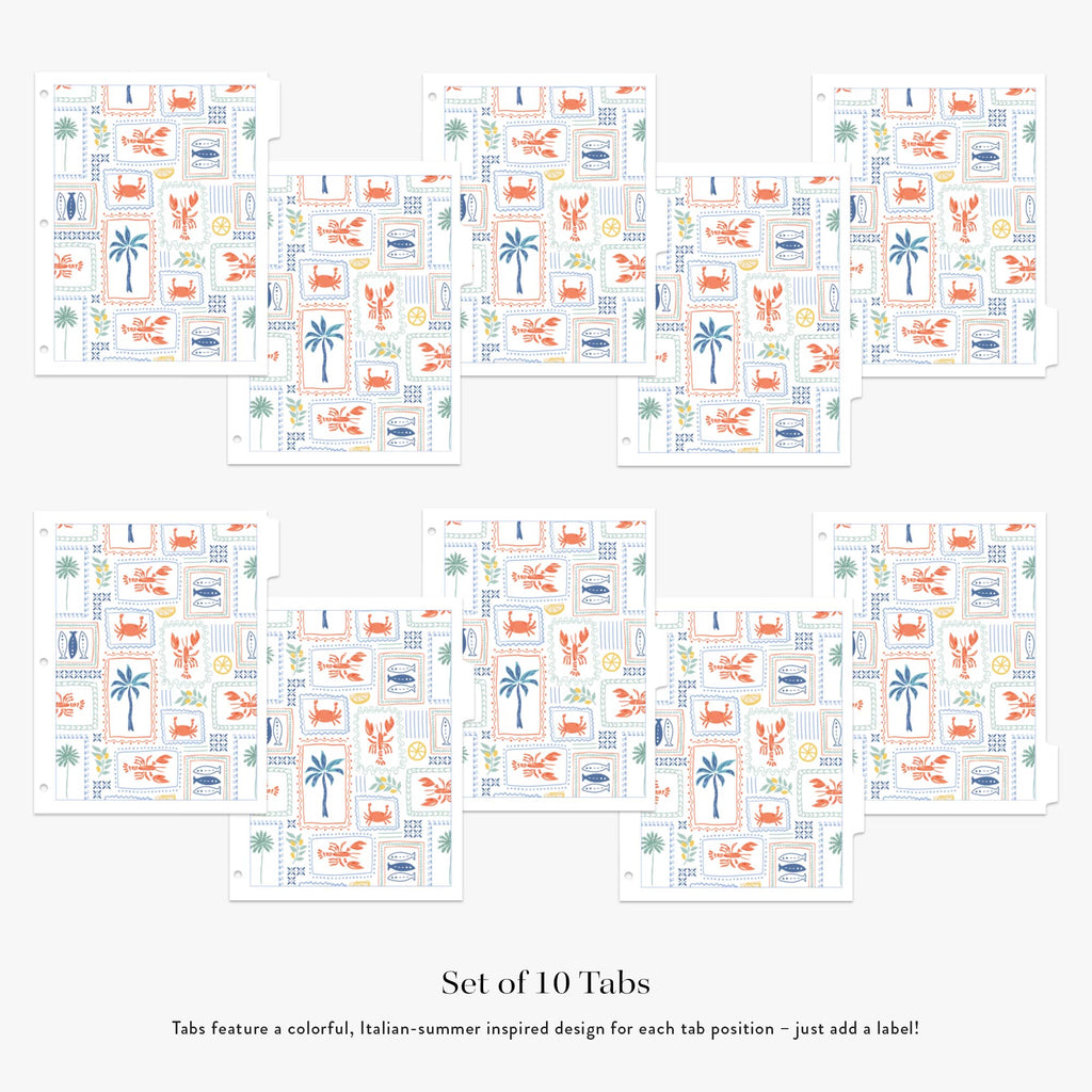 Set of 10 colorful tabs with Italian-summer inspired design on a white background
