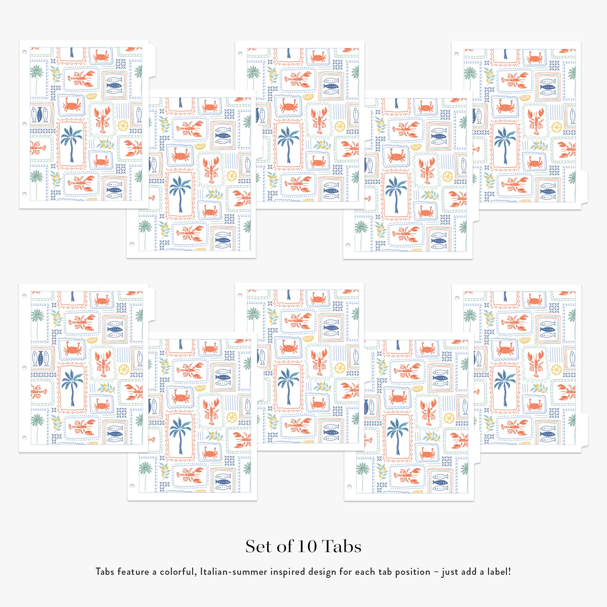 Set of 10 colorful tabs with Italian-summer inspired design on a white background
