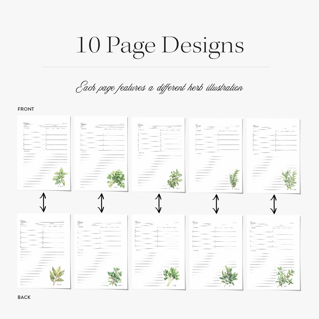 10 recipe card page designs with cooking herb illustrations on a white background