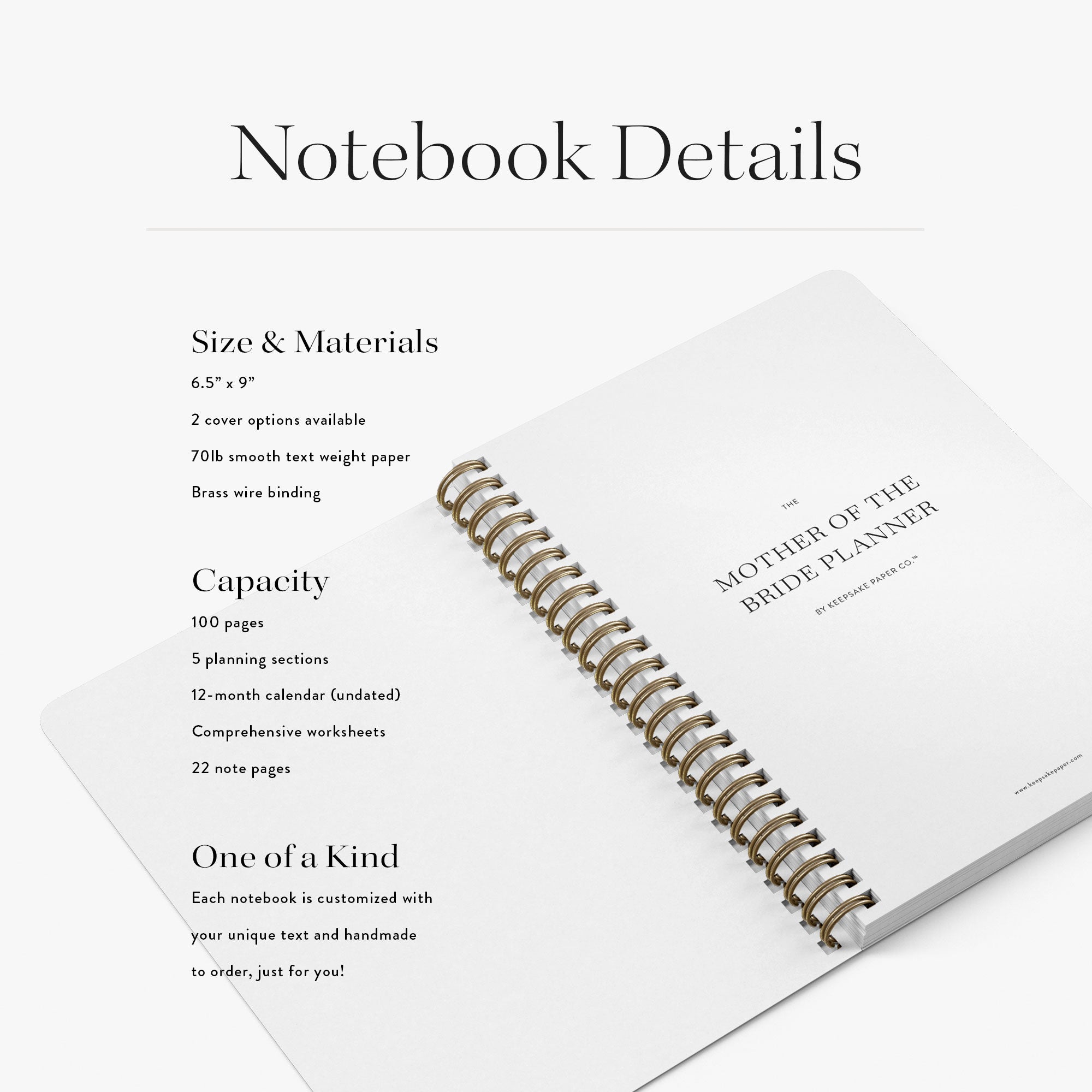 Interior detail pages of Mother of the Bride Planner showing size, materials, and capacity