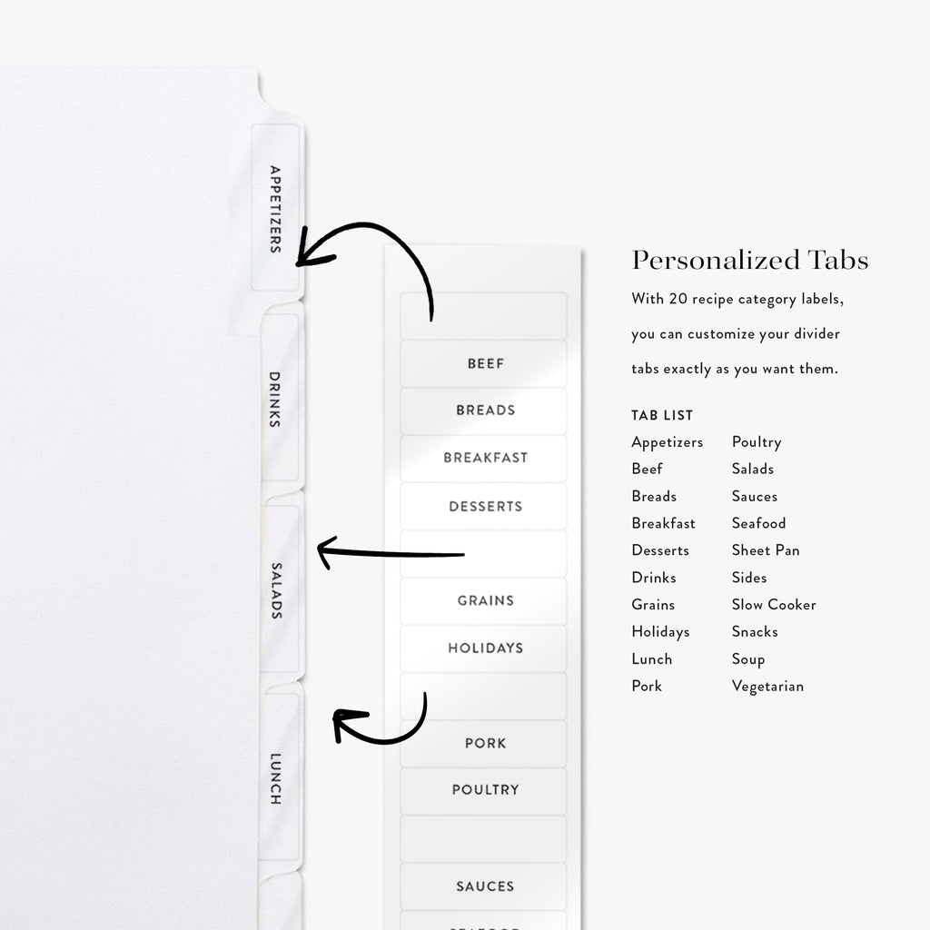 Dividers with customizable tabs for a recipe binder on a white background