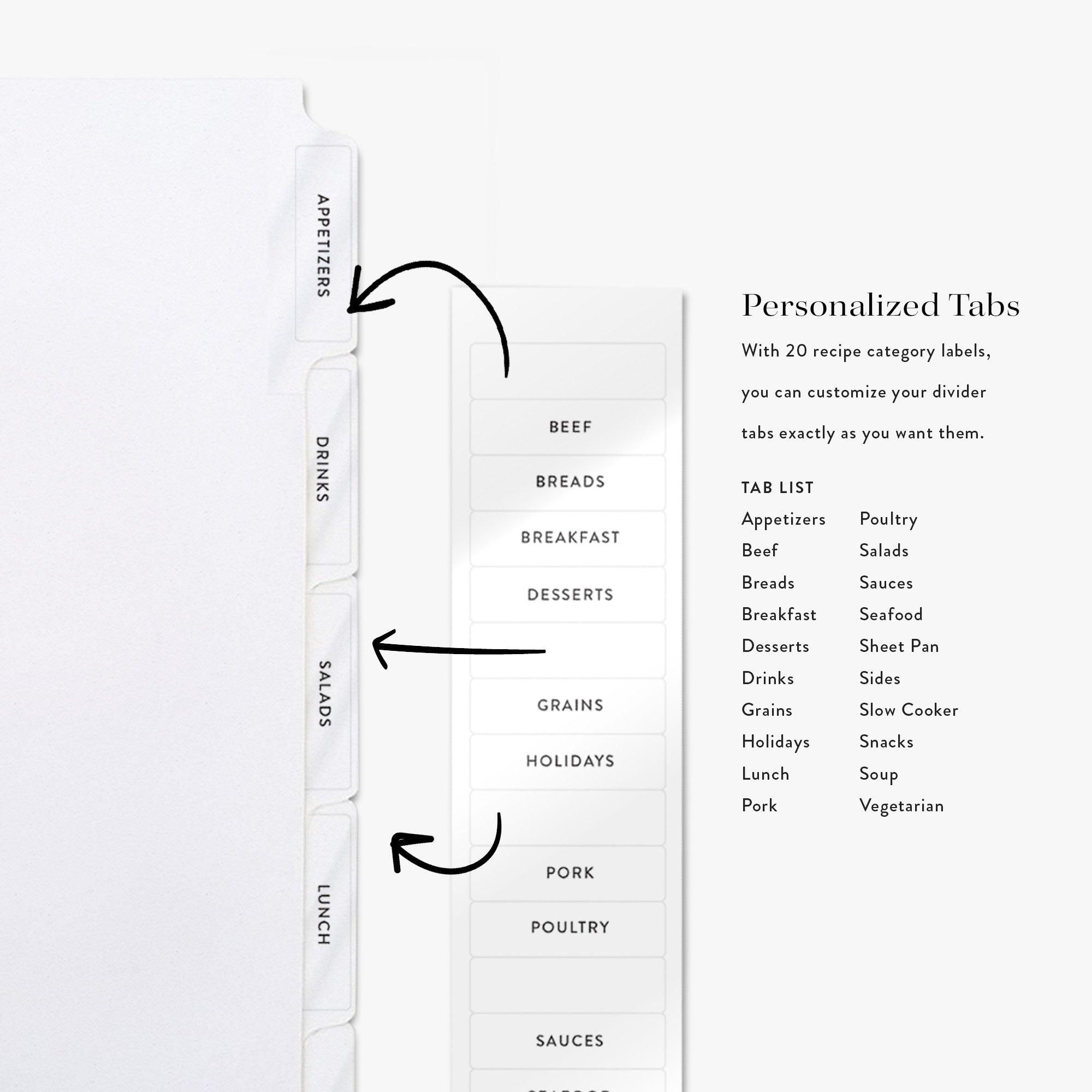Dividers with customizable tabs for a recipe binder on a white background