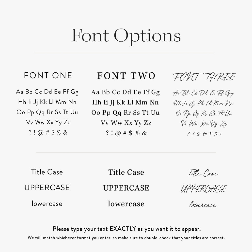 Three font options for custom binder divider tabs with examples of uppercase, lowercase and title case lettering