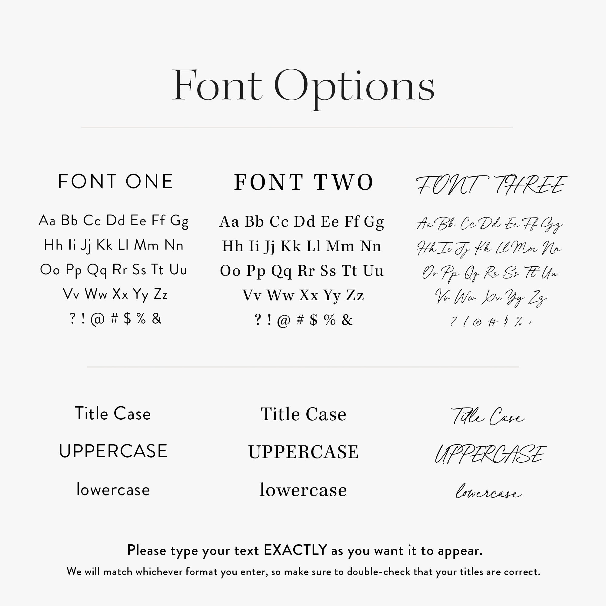 Three font options for custom binder divider tabs with examples of uppercase, lowercase and title case lettering
