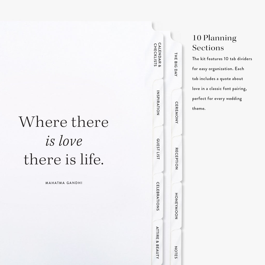 Ten divider tabs with text and a quote on a white background