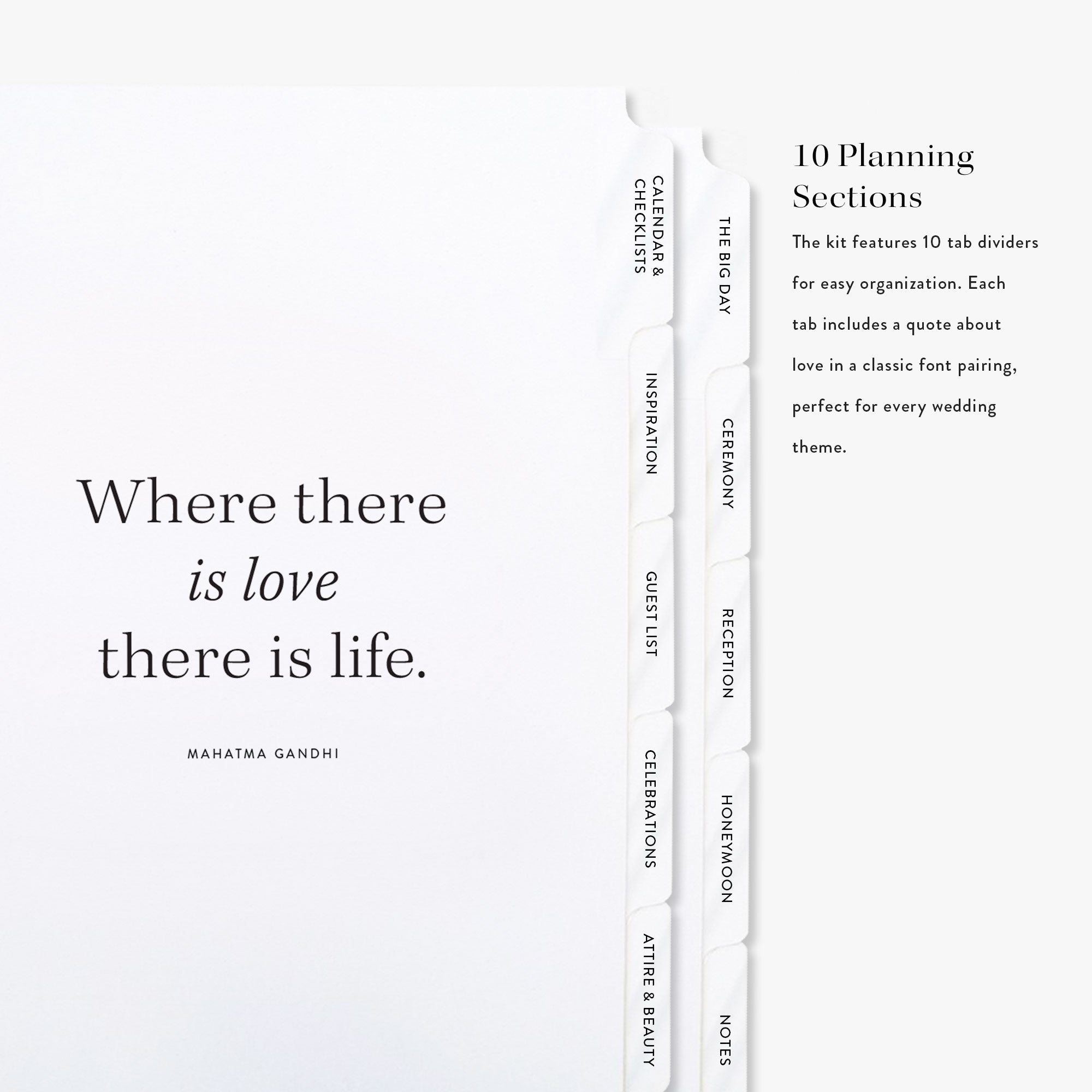 Ten divider tabs with text and a quote on a white background