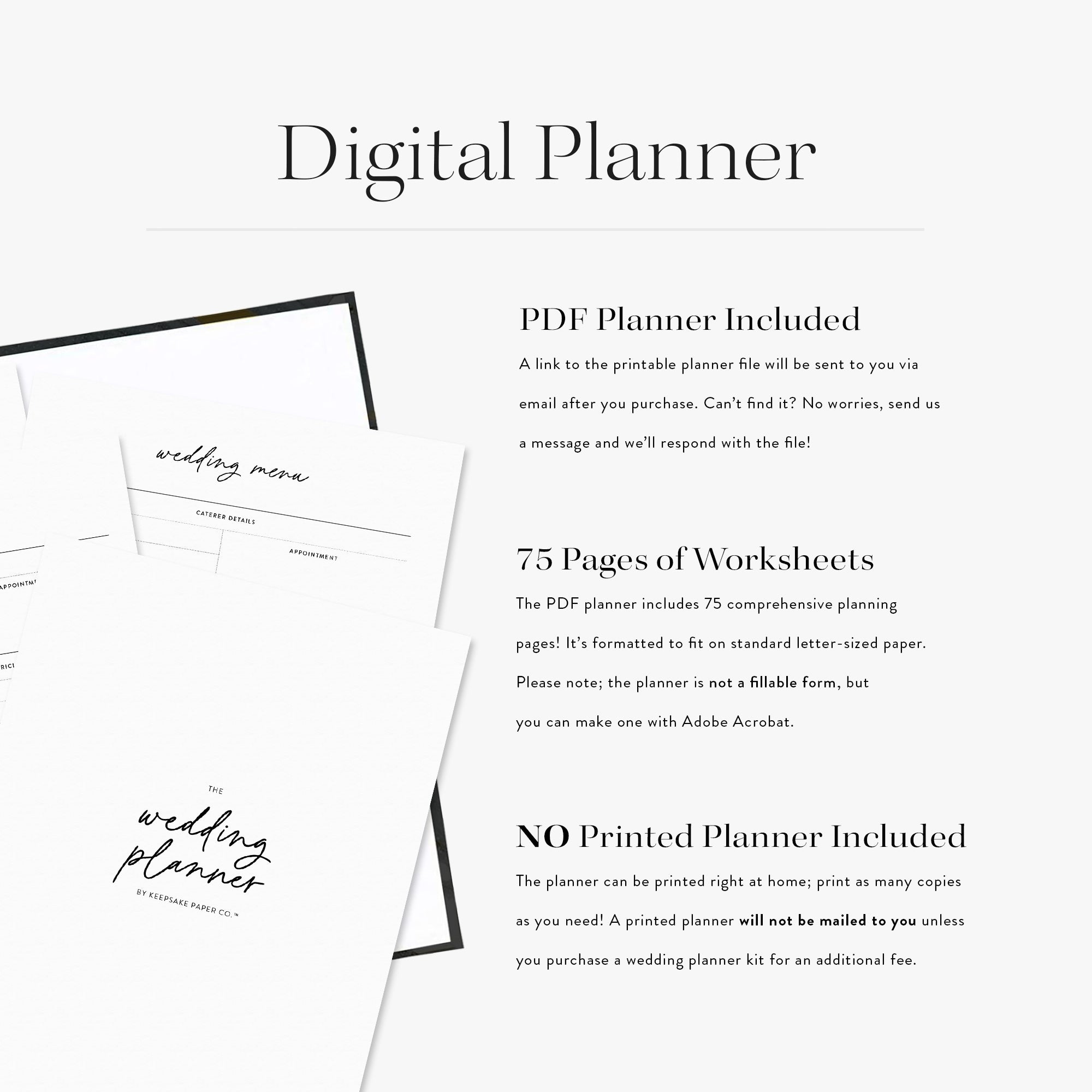 Our custom planning binders include a digital wedding planner that you can print out at home as many times as needed