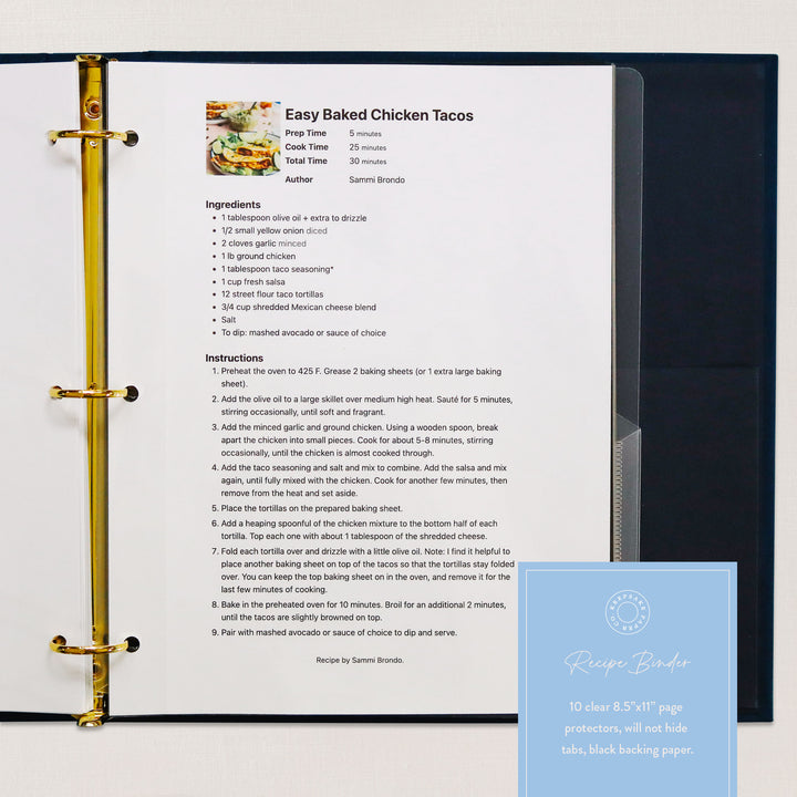 The recipe kit also includes 10 clear page protectors that are 8.5" x 11" and won't block the tabs
