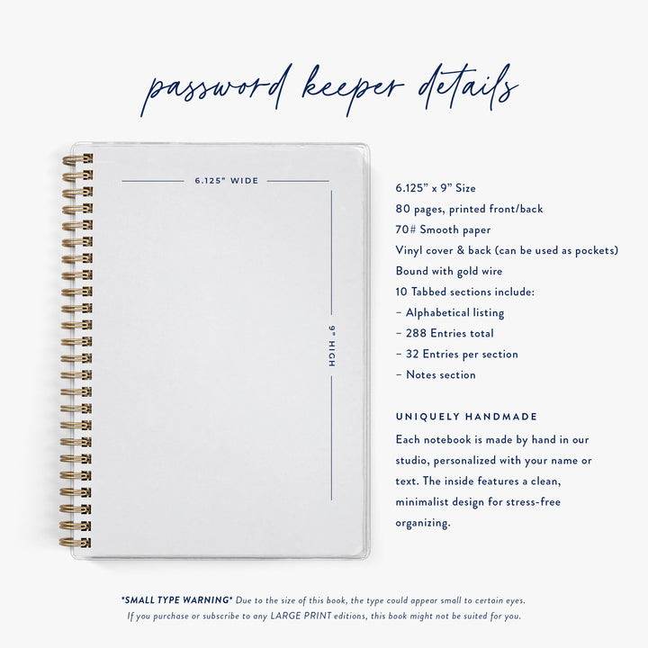 Password Keepers from Keepsake Paper Co. have 80 pages, glossy vinyl covers that double as pockets and are bound with gold wire