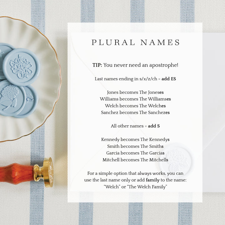 An informative list of how to make last names plural styled with an embosser and wax seals