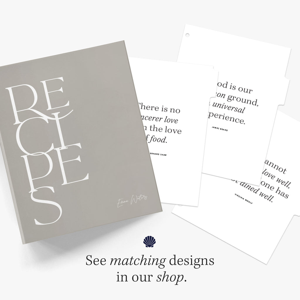 Cookbook binder titled 'RECIPES' and index divider tabs with cooking quotes on a white background