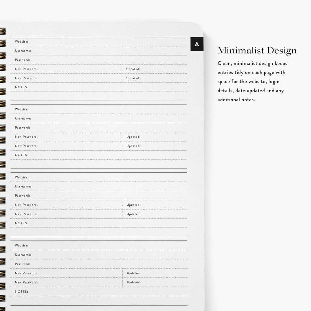 Password keepers feature a clean, minimalist interior which keeps login details tidy and easy to find
