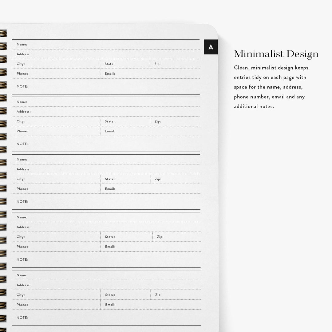 Address books feature a clean, minimalist interior which keeps contacts tidy and easy to find