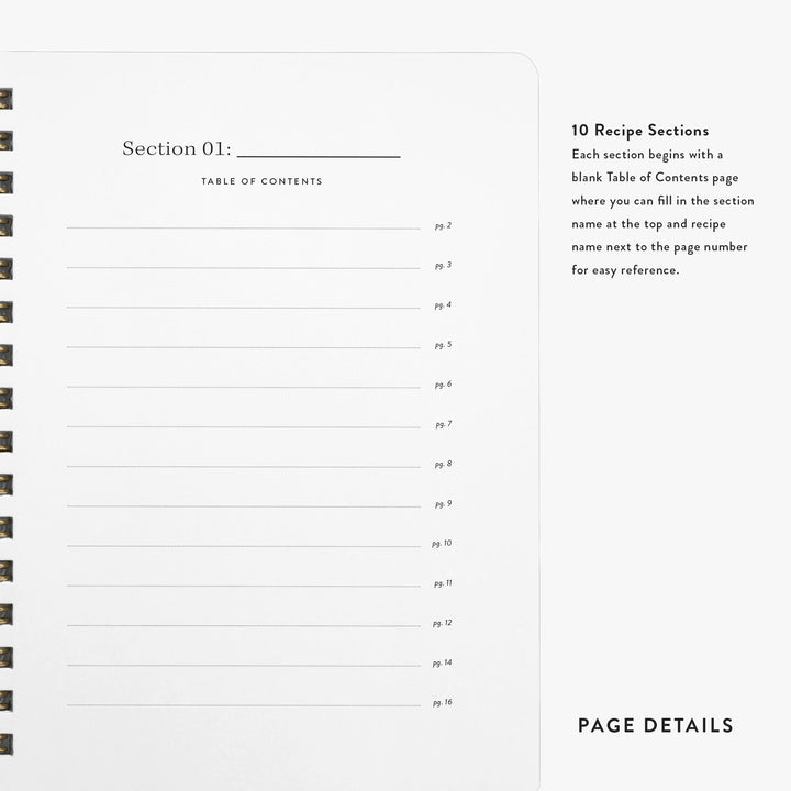 Each recipe notebook has ten sections with a blank, fill-in table of contents page for easy reference.