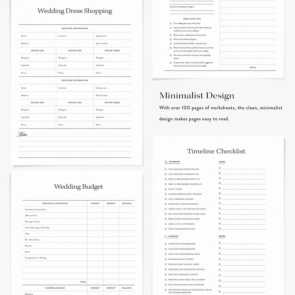 Collection of wedding planning worksheets with a minimalist design.
