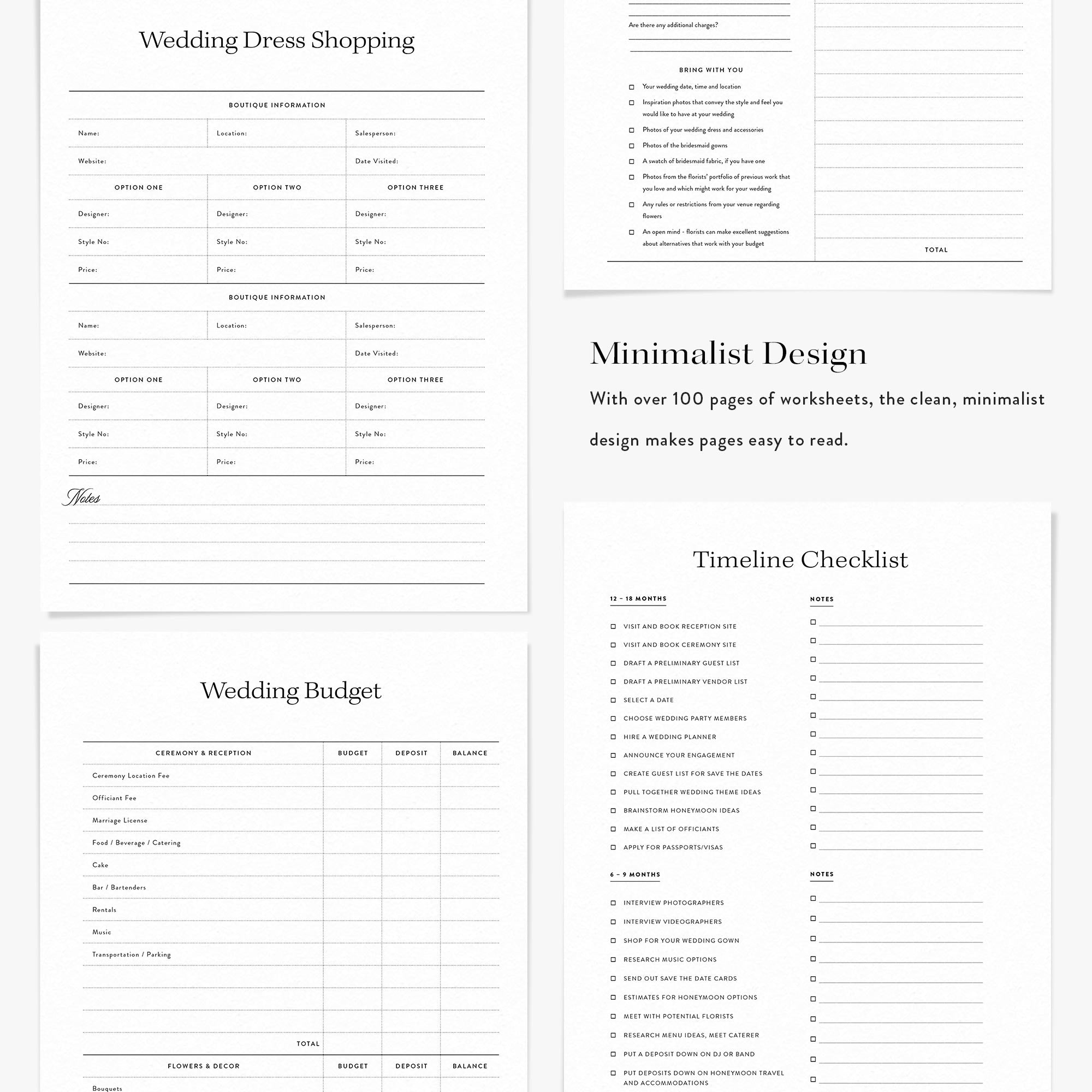 Collection of wedding planning worksheets with a minimalist design.