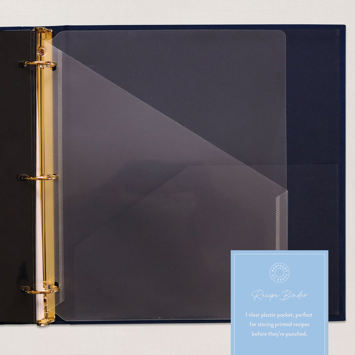 Our custom recipe binders include one clear pocket, perfect for storing recipes printed online