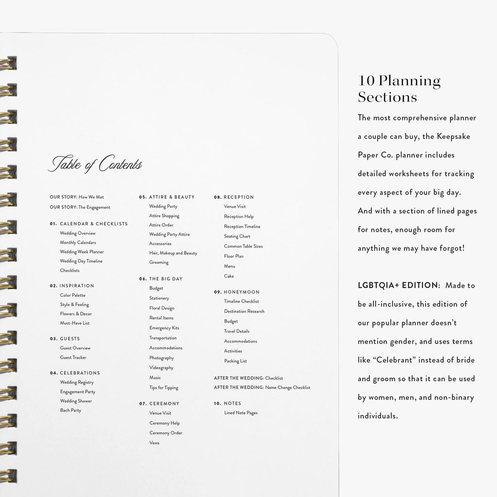 Planning sections inside LGBT Wedding Planner — Blue Toile design