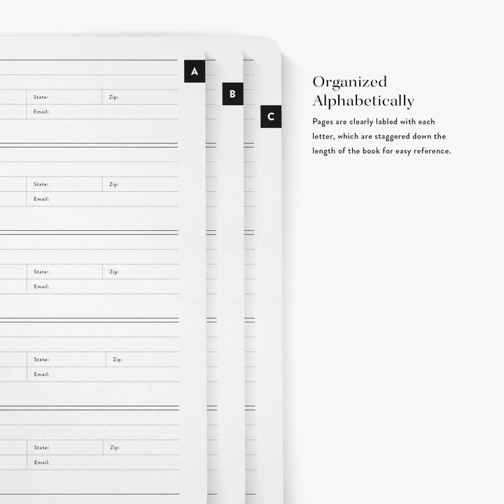 Our address notebooks have staggered alphabetical pages making finding and adding friends and family easy