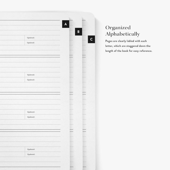 Our password notebooks have staggered alphabetical pages making finding and adding usernames easy