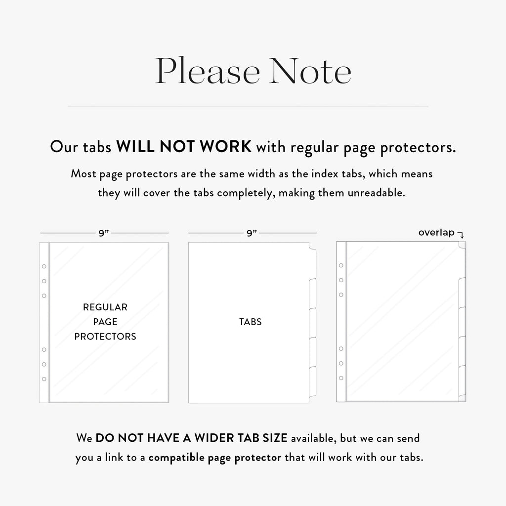 Diagram showing why custom binder divider tabs are not compatible with standard 9-inch page protectors
