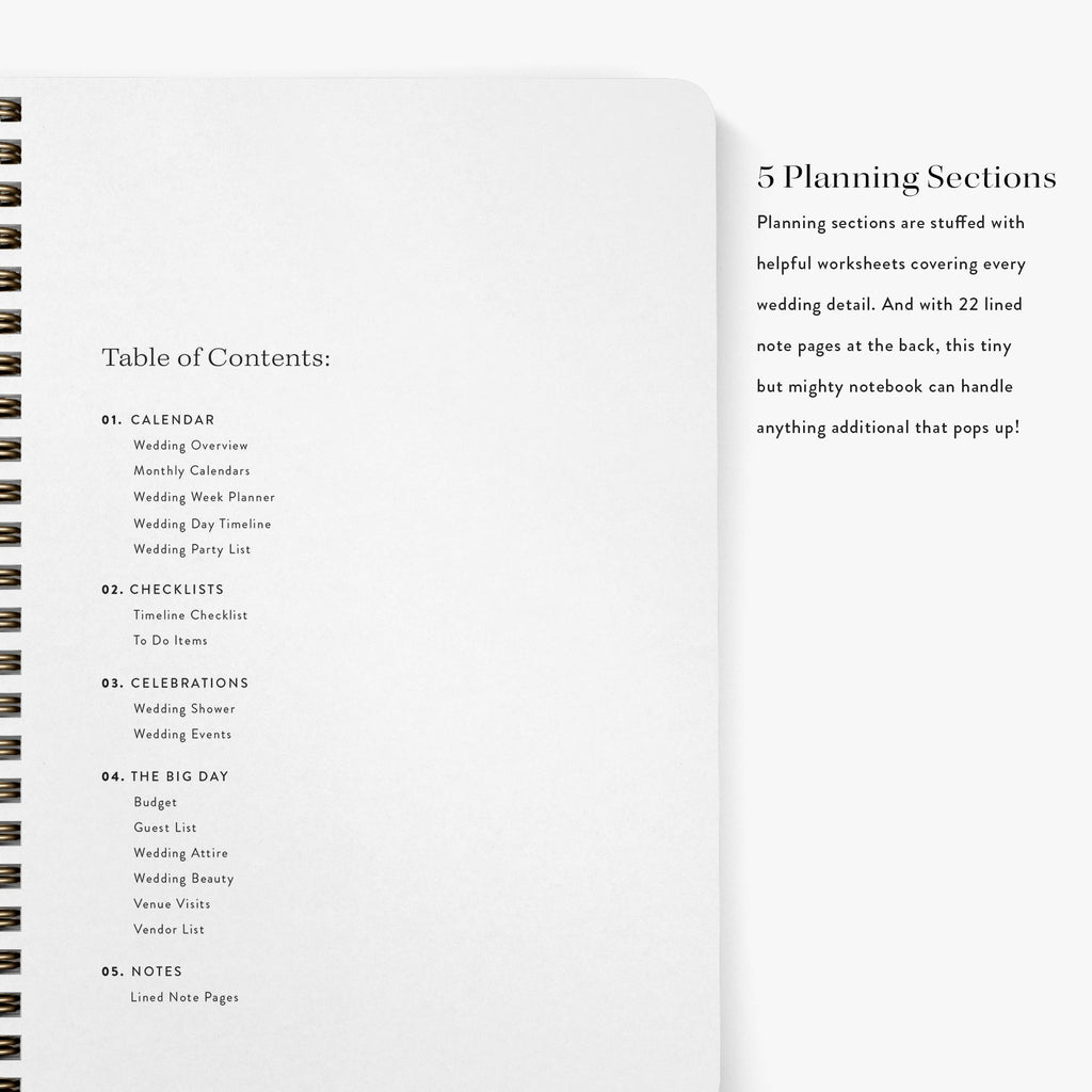 Planning sections inside Mother of the Bride Planner — table of contents showing 5 sections