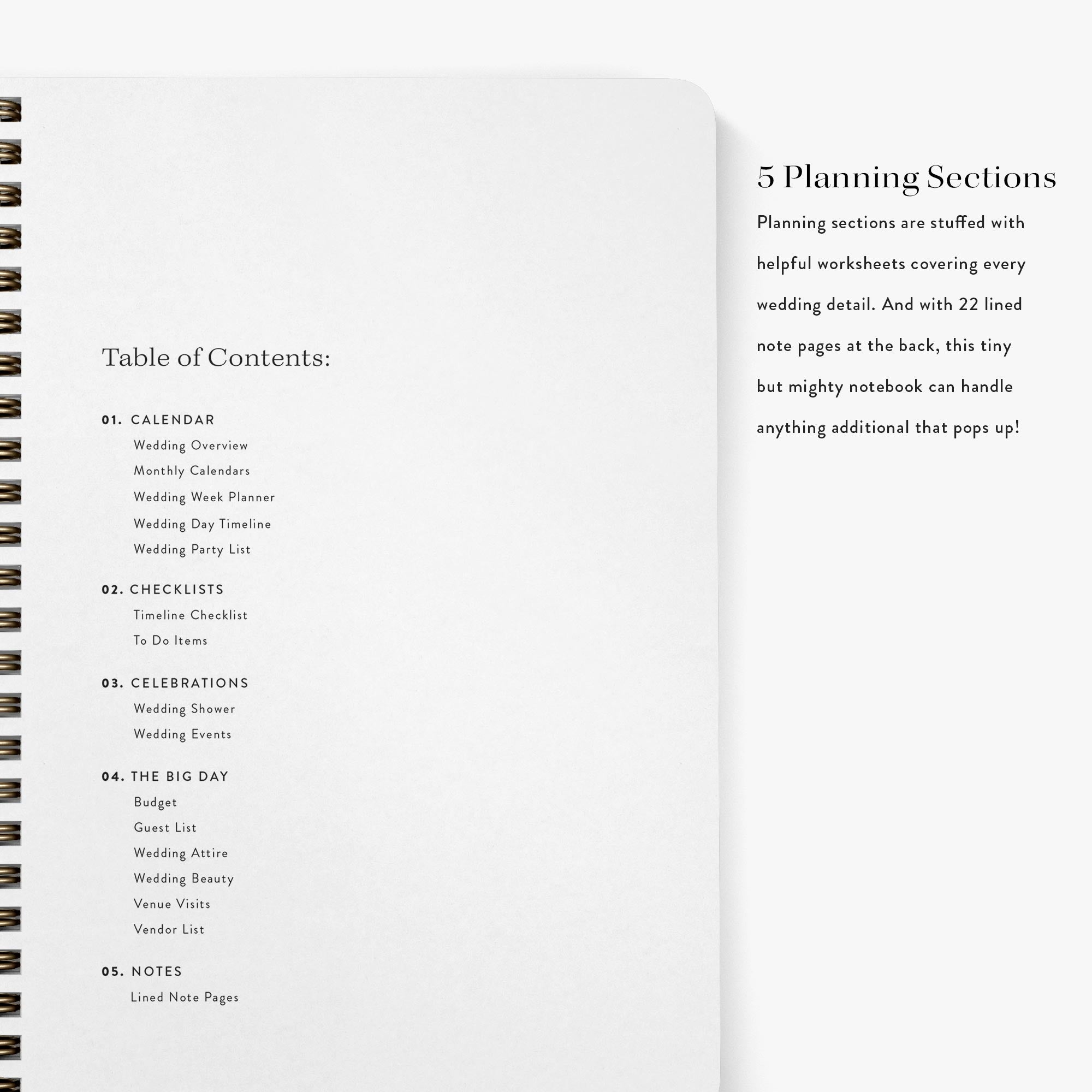 Planning sections inside Mother of the Bride Planner — table of contents showing 5 sections