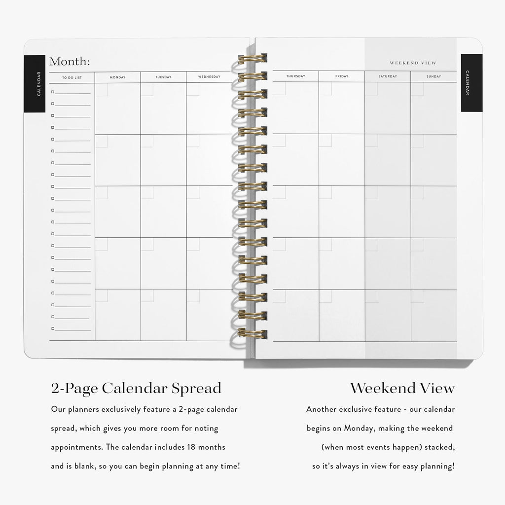 Monthly calendar planning pages in Wedding Planner — Blue Toile design