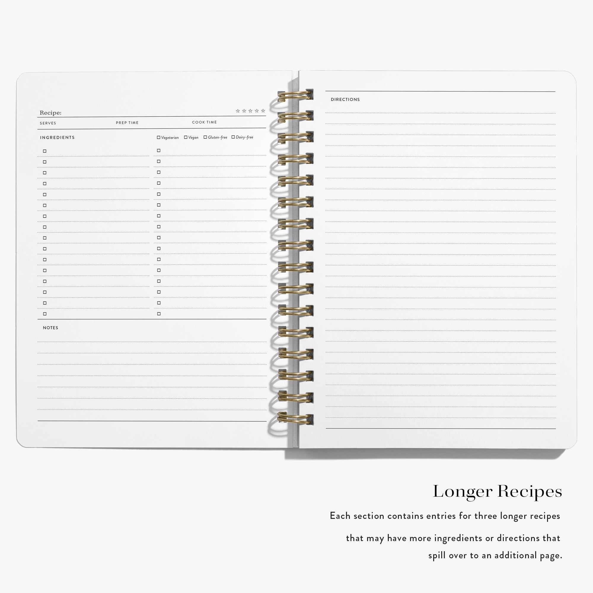 Personalized recipe journals include space for longer recipe with more ingredients and directions.