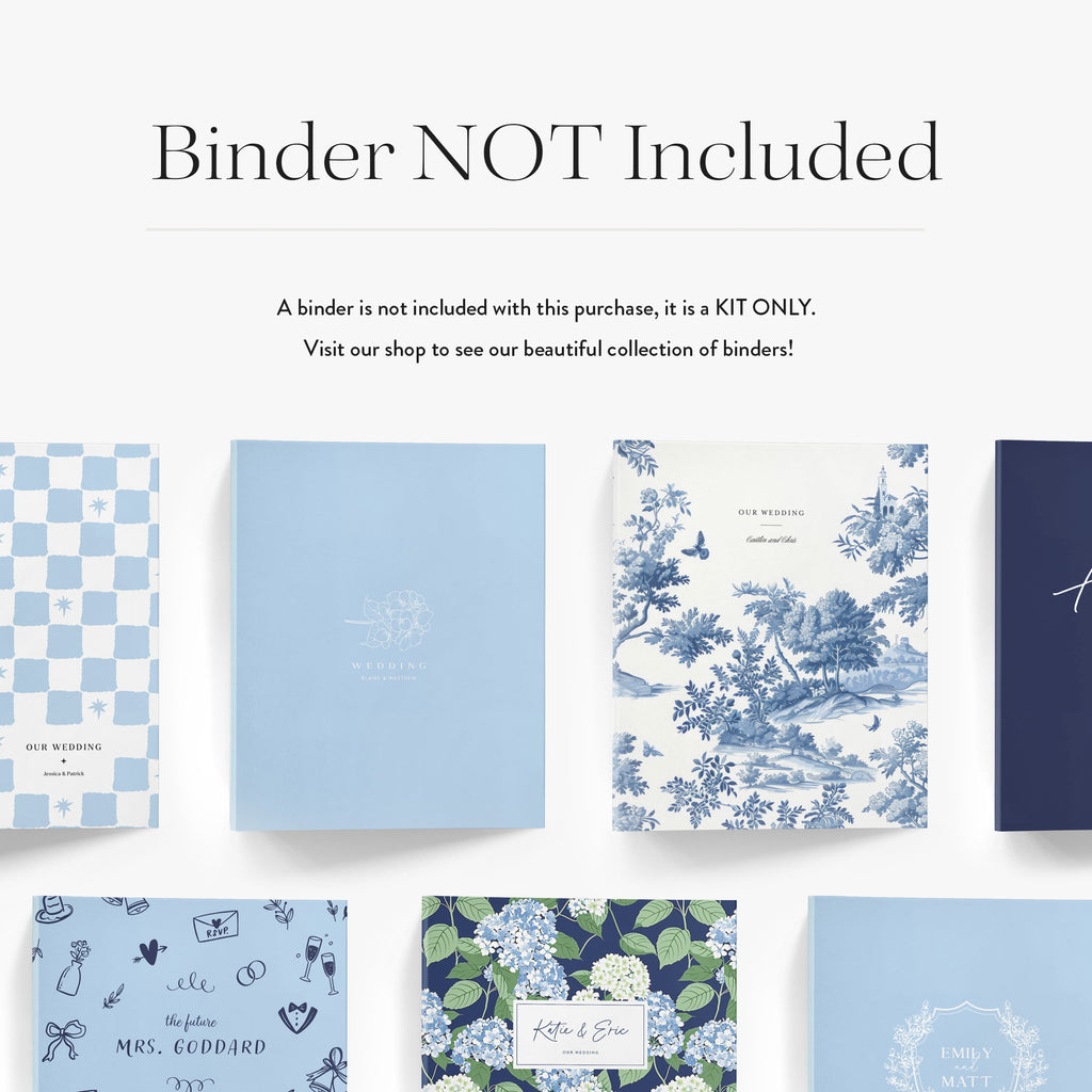 Collection of wedding binders items with various designs on a white background, including text about a kit not including a binder.