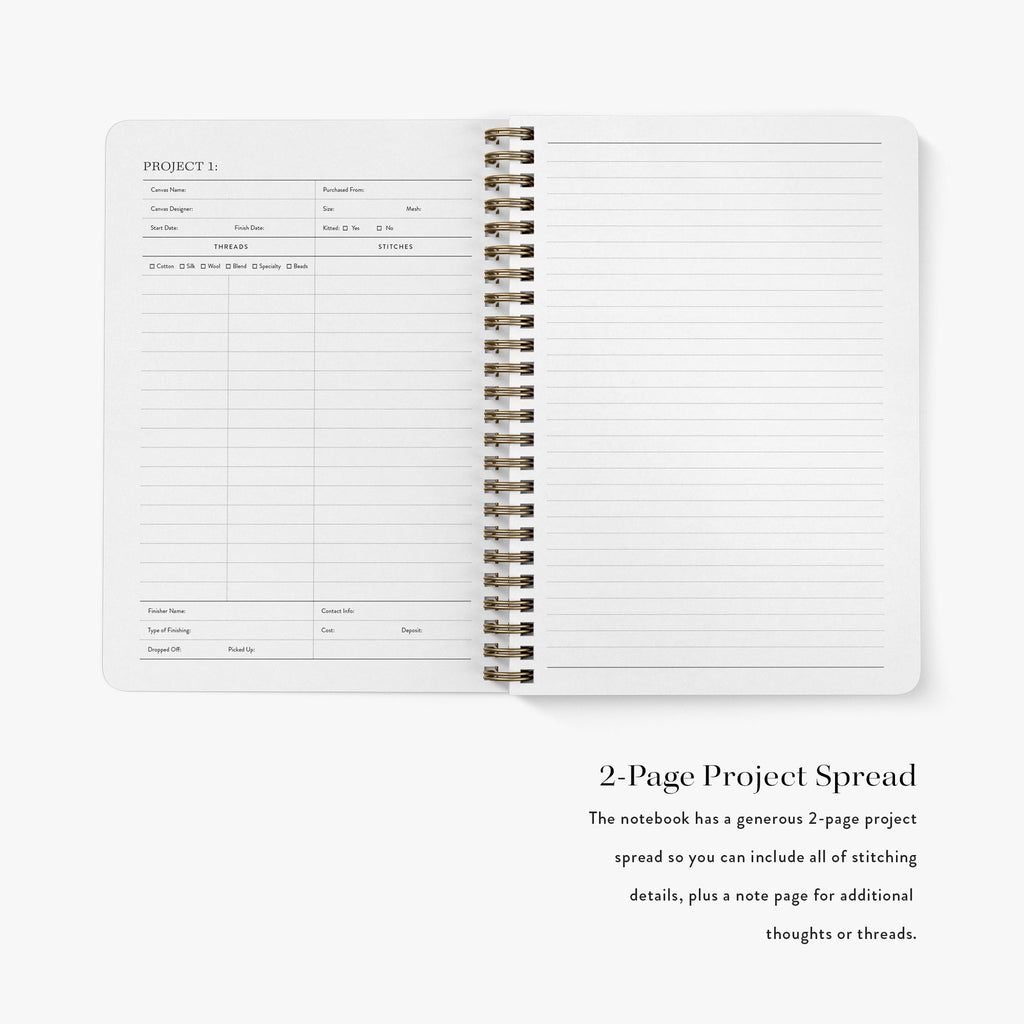 Open needlepoint journal showing a 2-page project spread with text on a white background