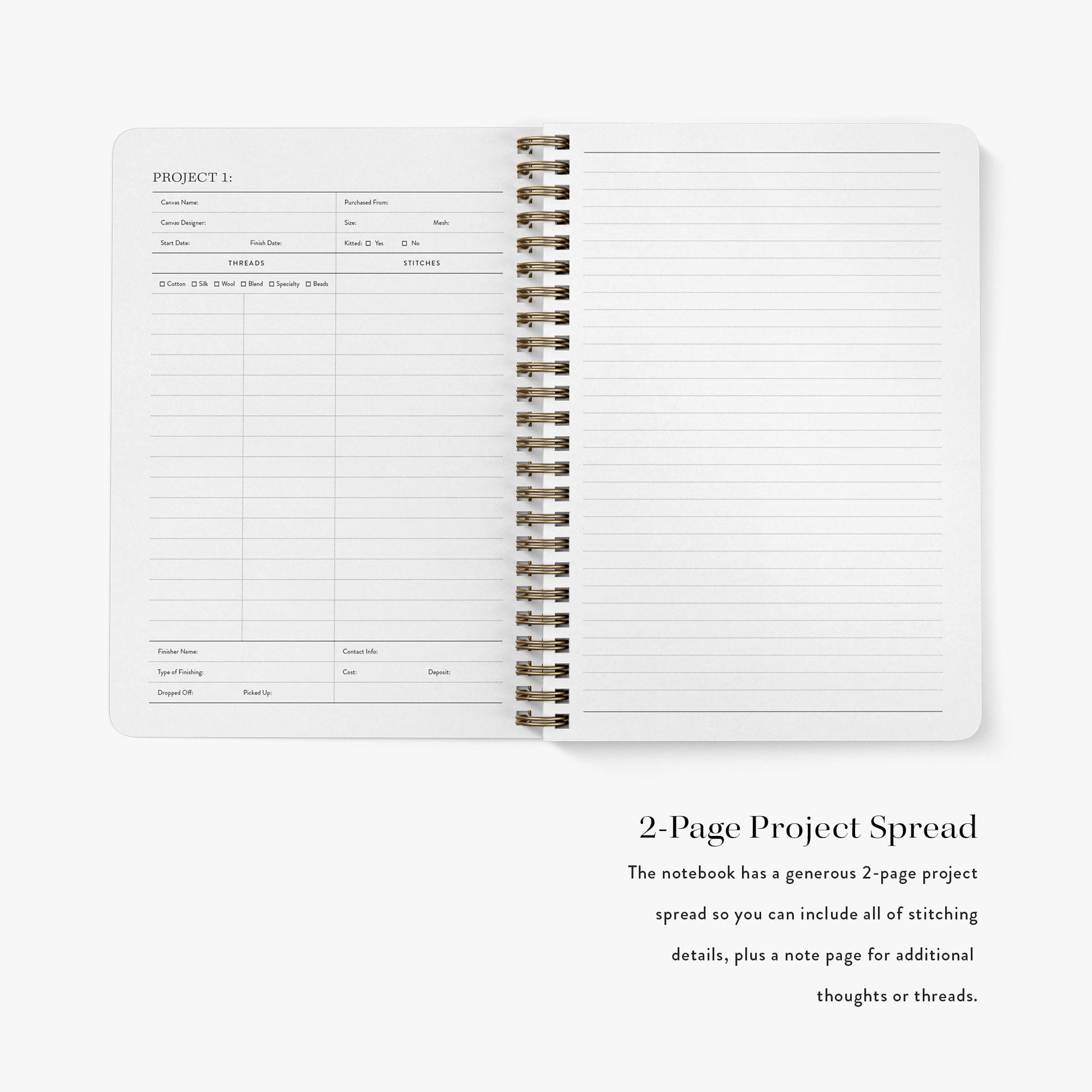 Open needlepoint journal showing a 2-page project spread with text on a white background