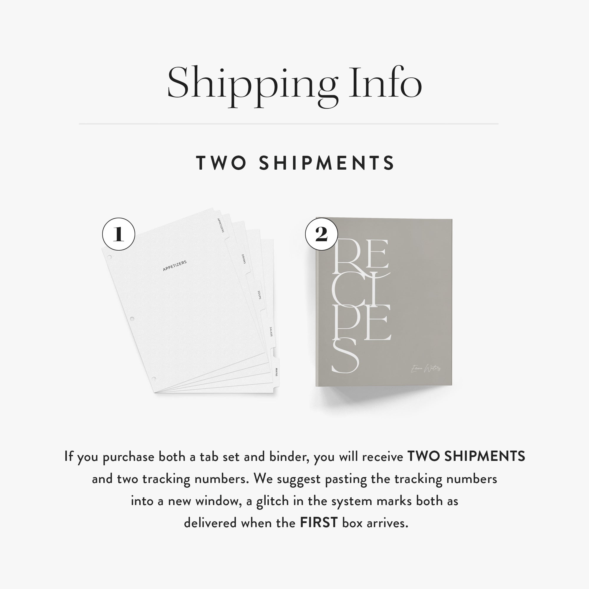 Custom binder tabs and personalized binder shown separately to explain that they ship in two packages