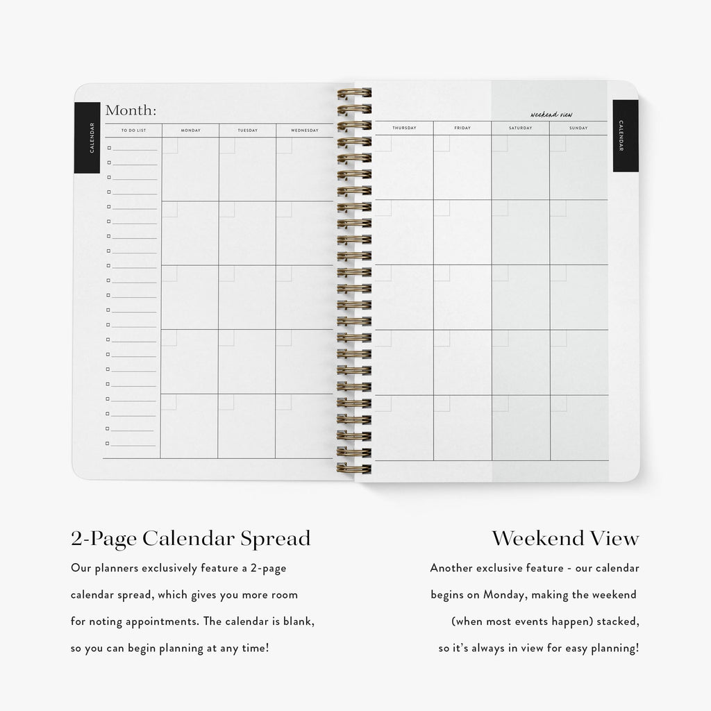 Monthly calendar planning pages in Maid of Honor Planner — Blue Toile design