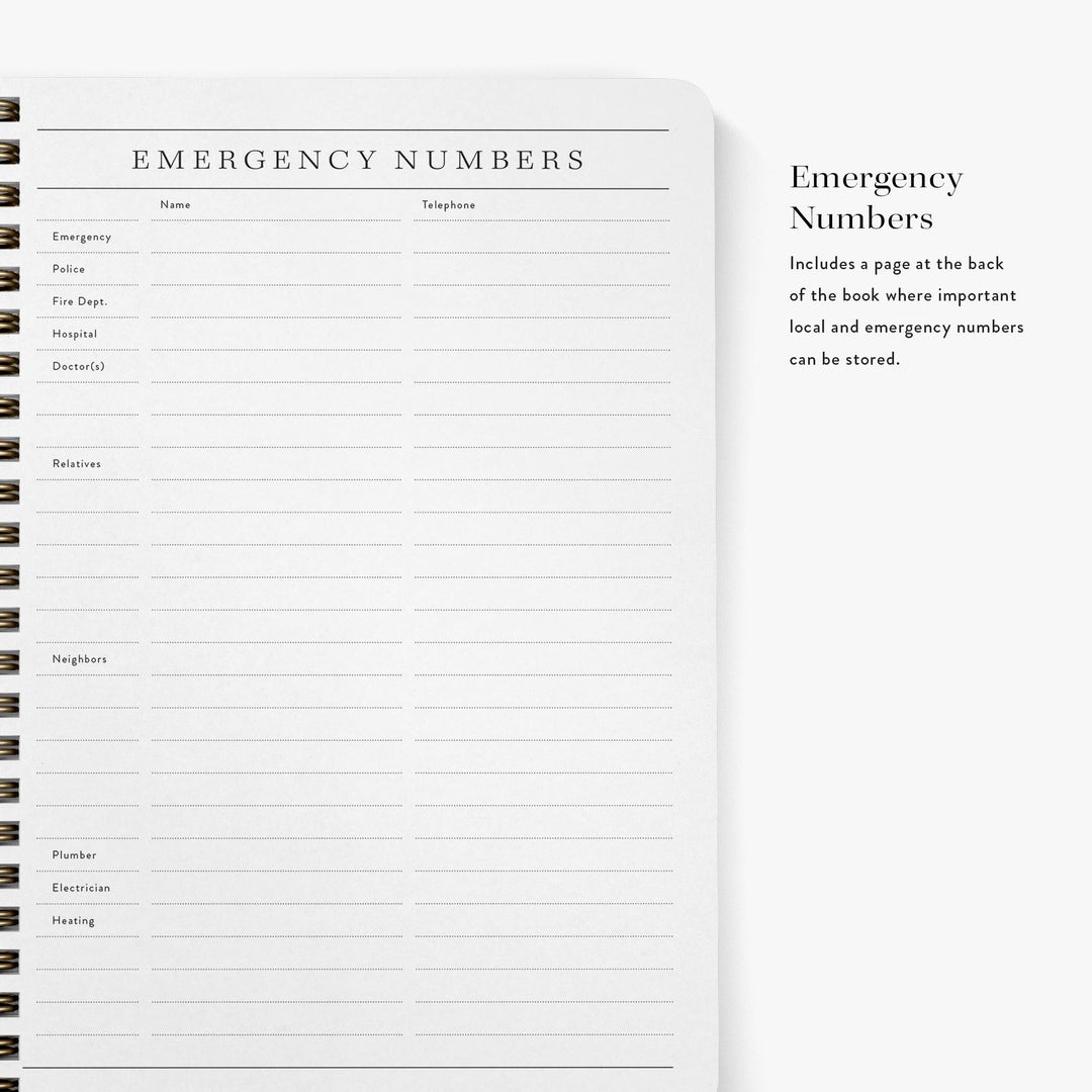 The last page of our custom address books features an emergency numbers list for important contacts