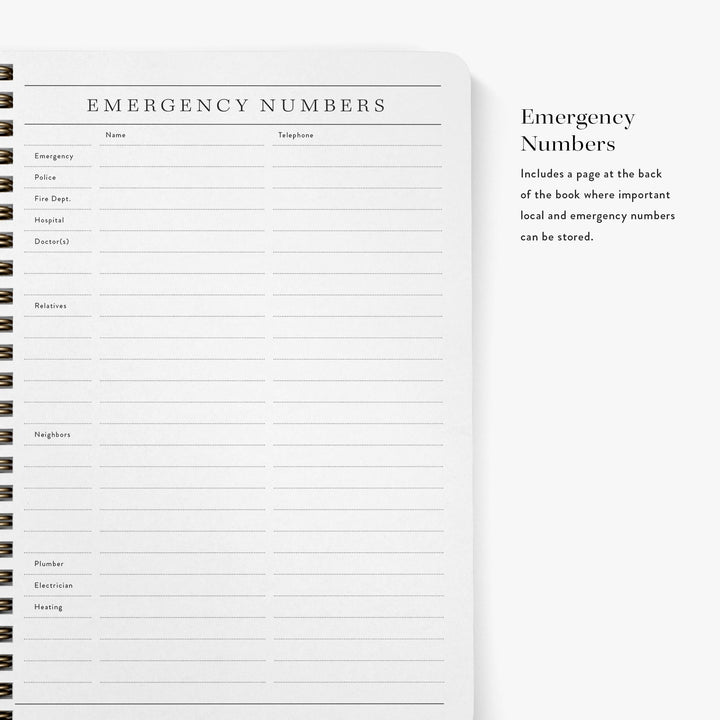 The last page of our custom address books features an emergency numbers list for important contacts