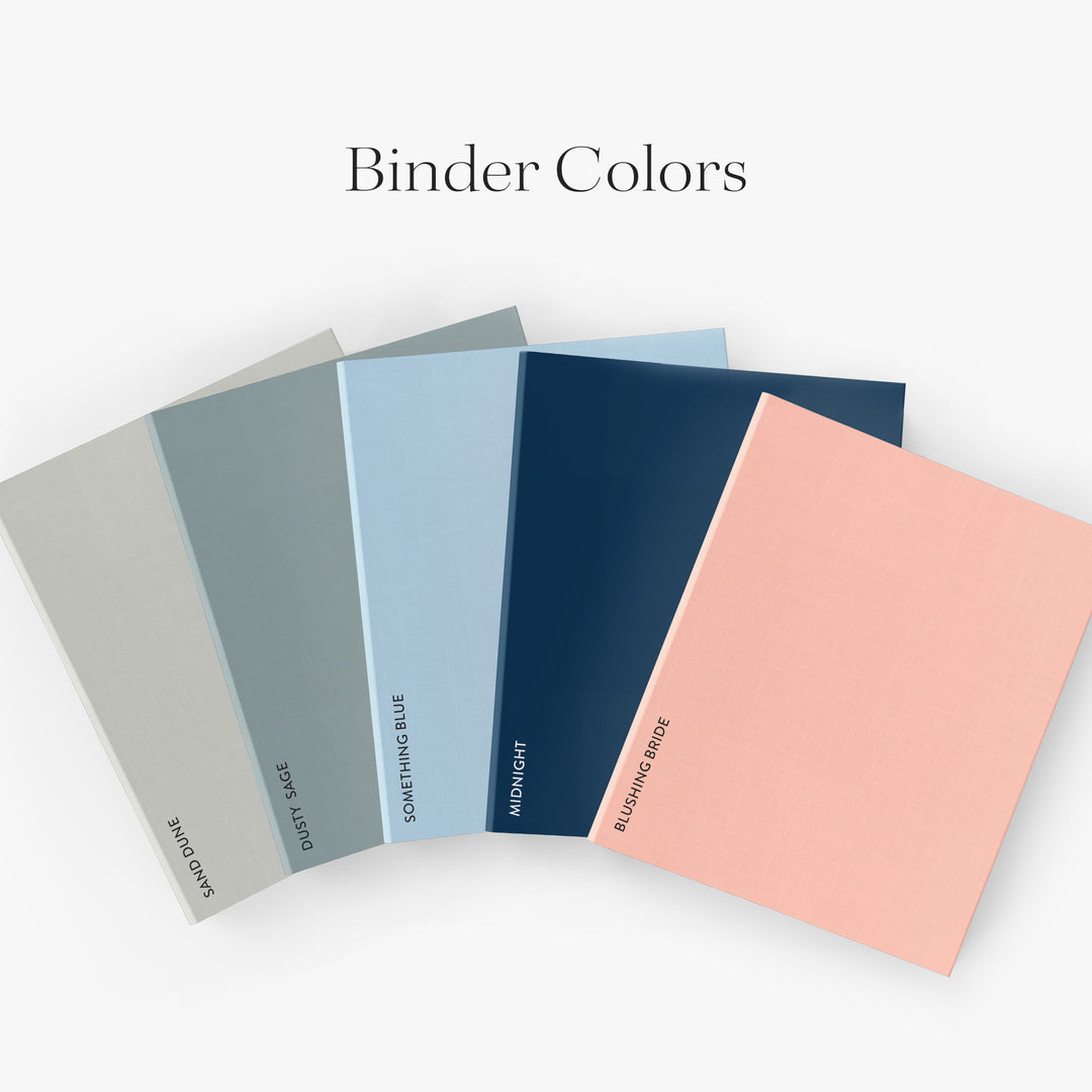 Our custom linen binders come in five different color options and each one includes our signature wedding planner and one inside pocket