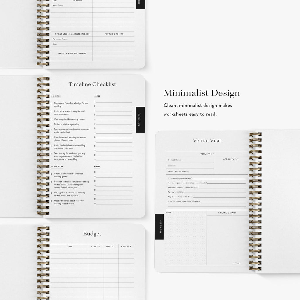 Planning worksheets inside Mother of the Bride Planner — timeline checklist, budget, and venue visit pages
