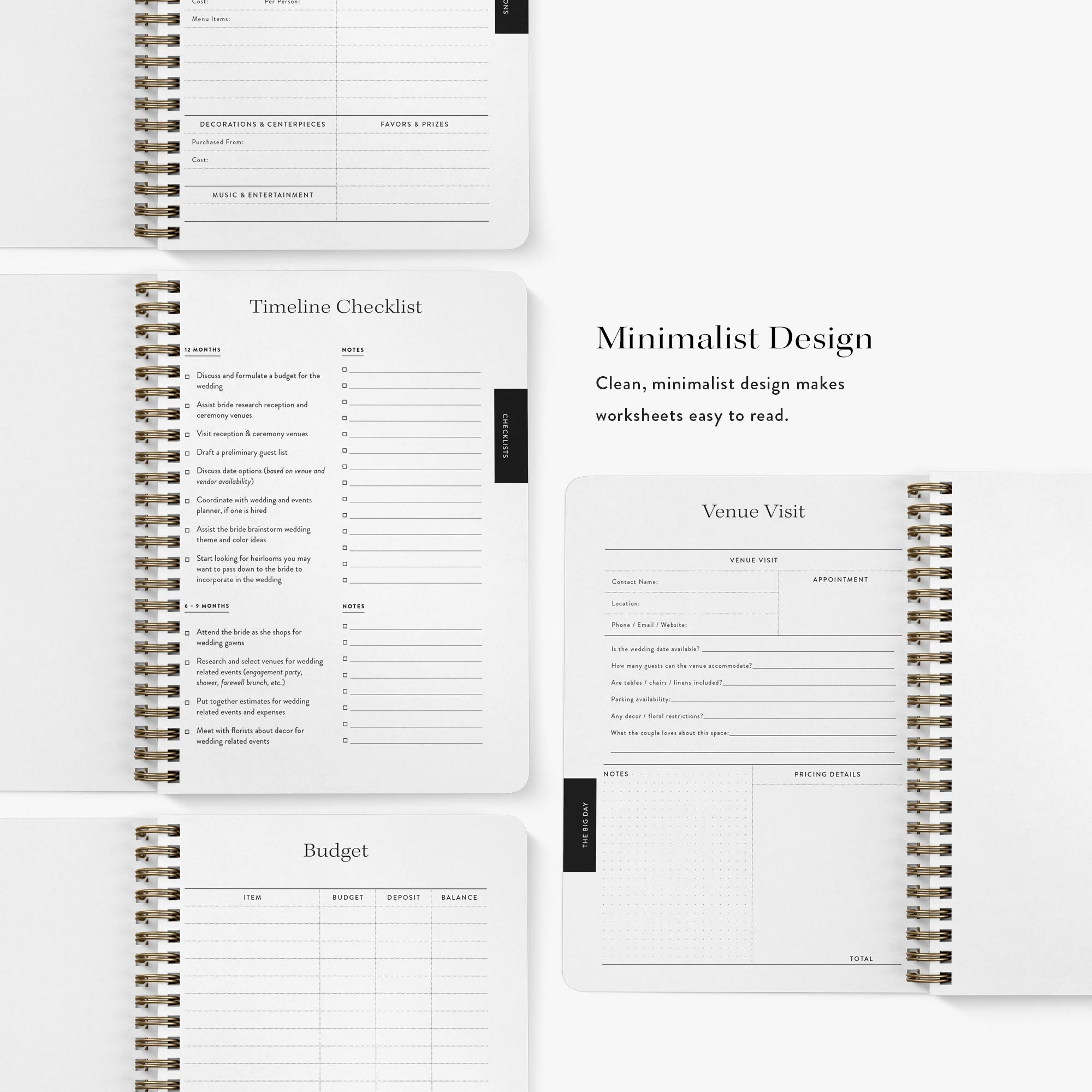 Planning worksheets inside Mother of the Bride Planner — timeline checklist, budget, and venue visit pages