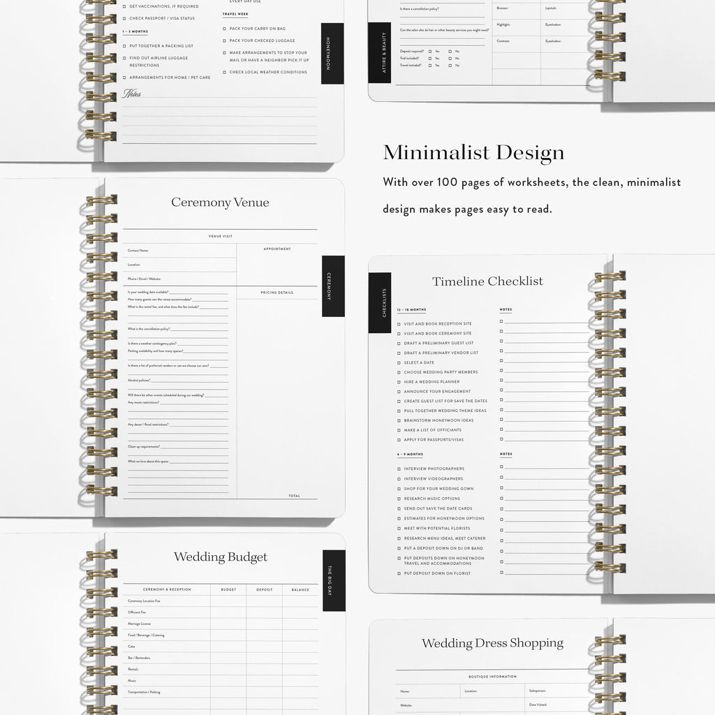 Planning worksheets inside Wedding Planner — Blue Toile design