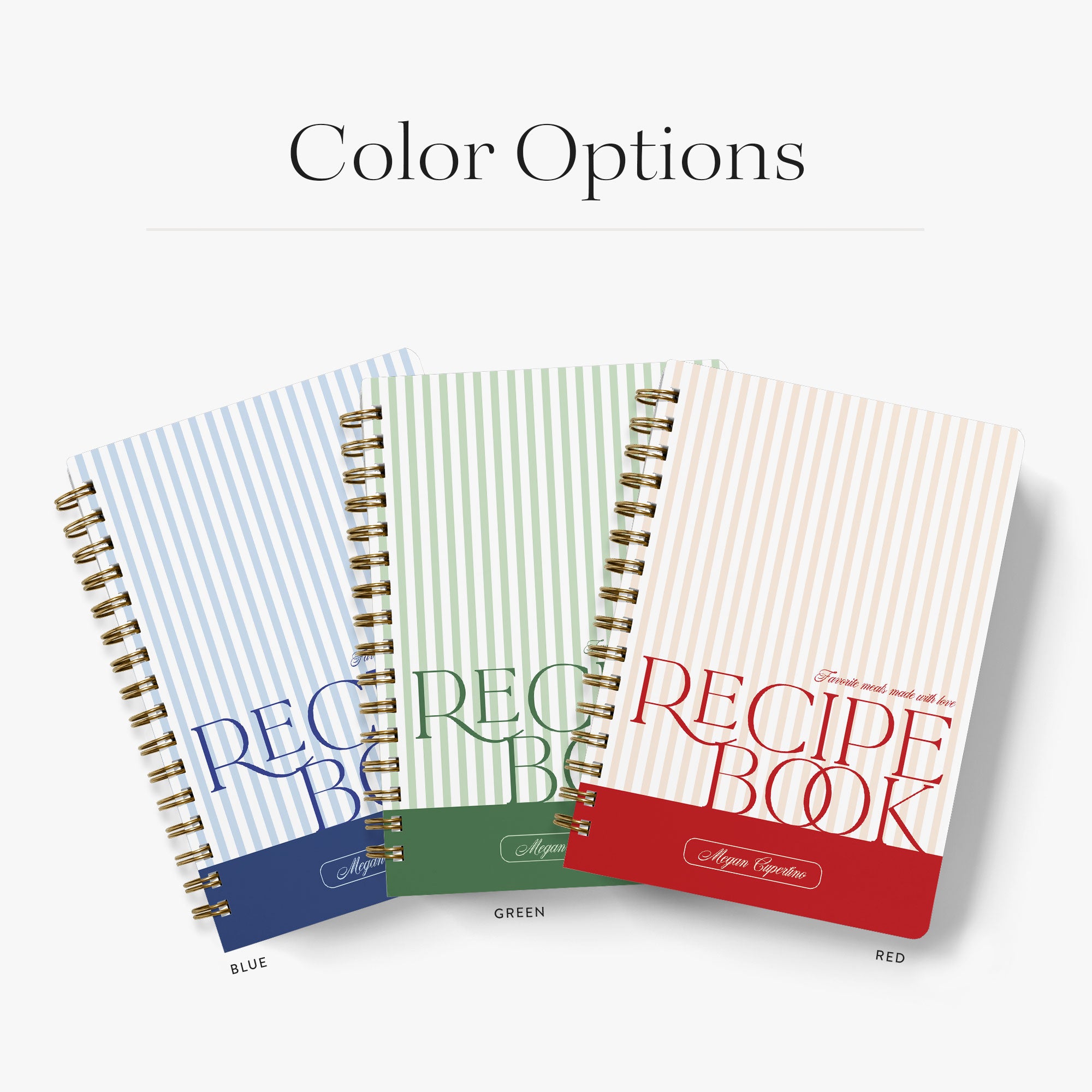 Our custom recipe journals come in three color options, blue, green and red