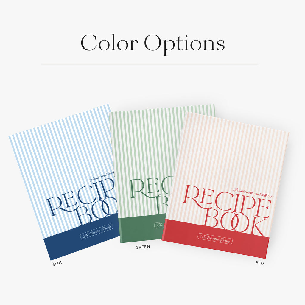 The Classic Stripe recipe binder comes in three color options, blue, green and red