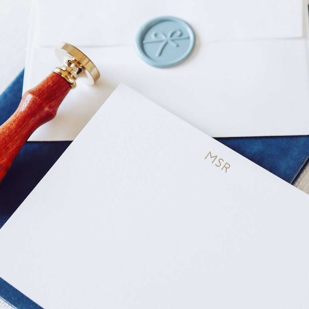 Personalized foil pressed note card on cotton paper with petite monogram design