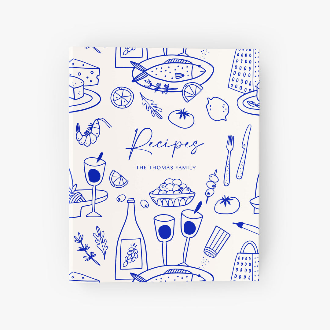 Custom recipe binder with illustrations of a Mediterranean-style menu inspired by the Amalfi Coast