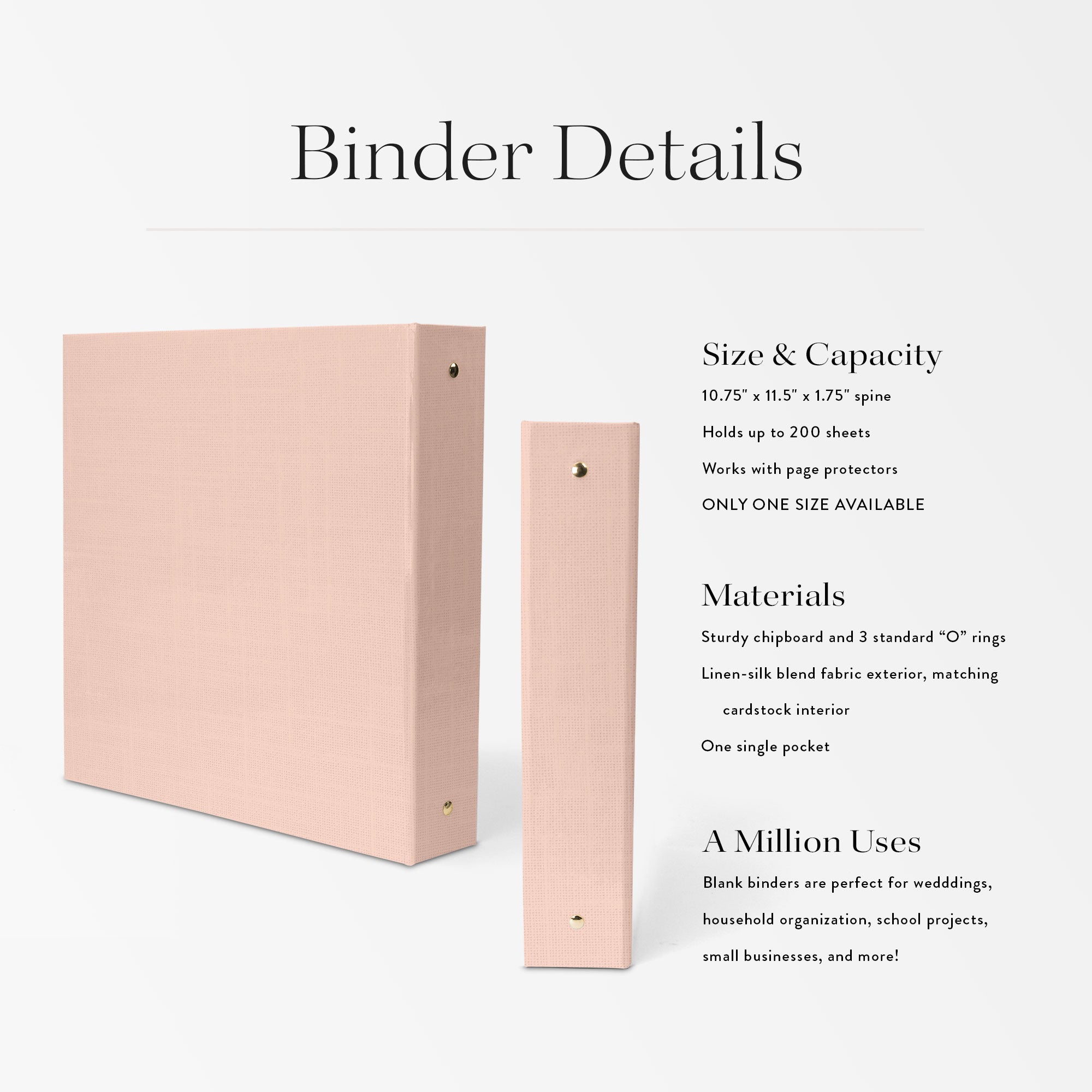 Pink binder with details on size, capacity, materials, and uses on a white background