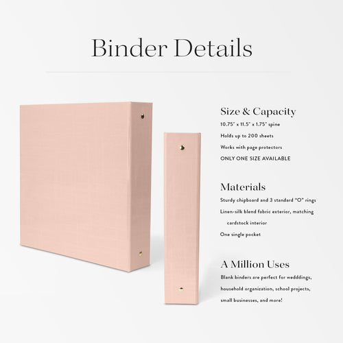 Pink binder with details on size, capacity, materials, and uses on a white background