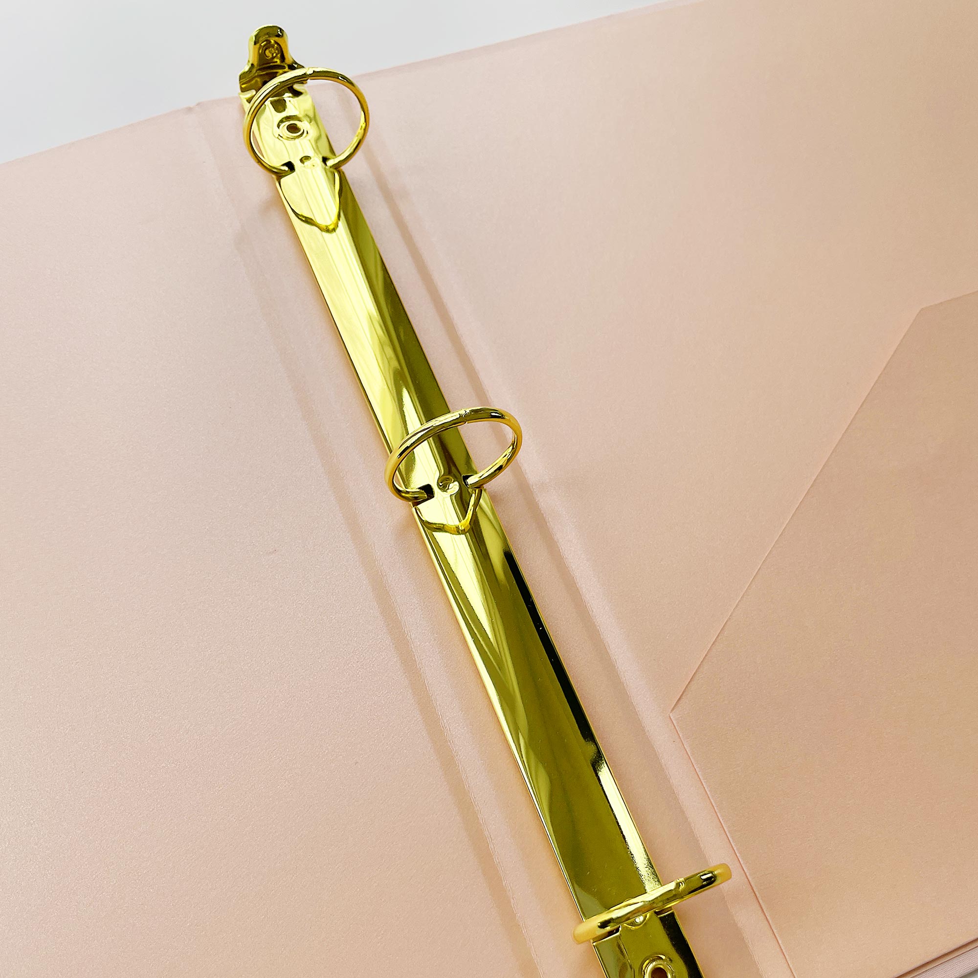 Inside of pink linen binder showing gold hardware and 3 ring mechanisim