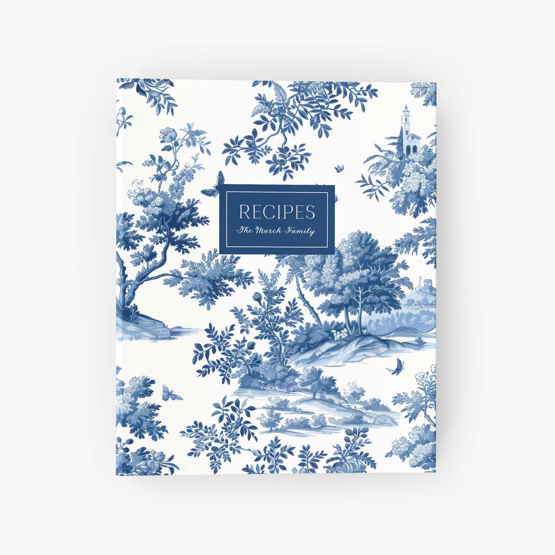 Personalized recipe binder featuring a classic blue and white toile design with your custom text